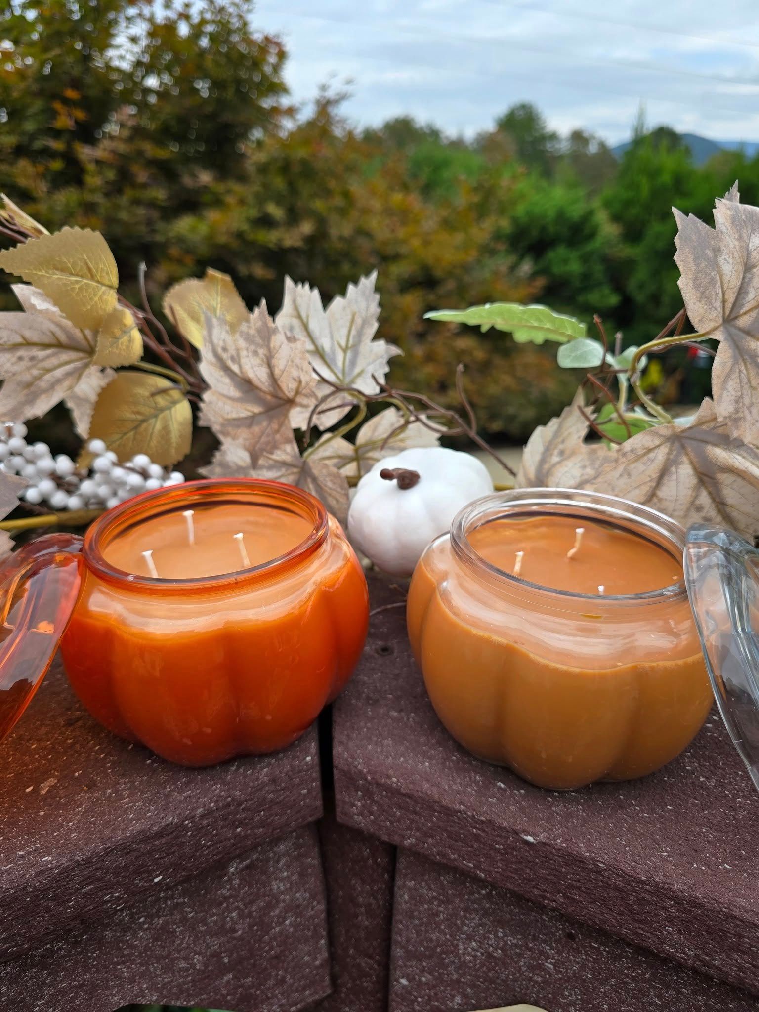 Fall pumpkin candles with mountain view