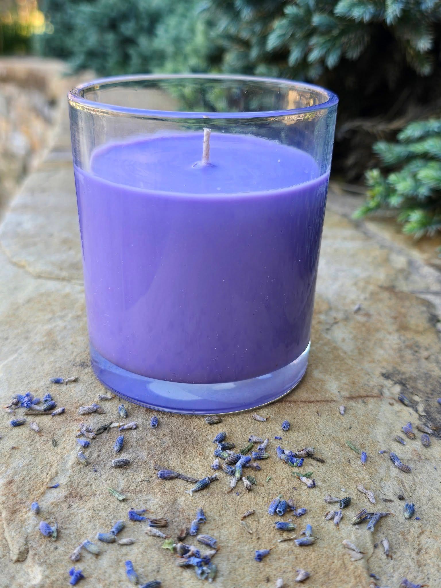Handmade lavender candle outdoors